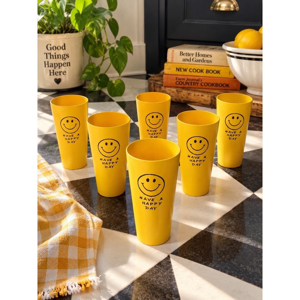 VTG 1972 Smiley Face Cups Set 6 Have A Happy Day Yellow Plastic Tumblers